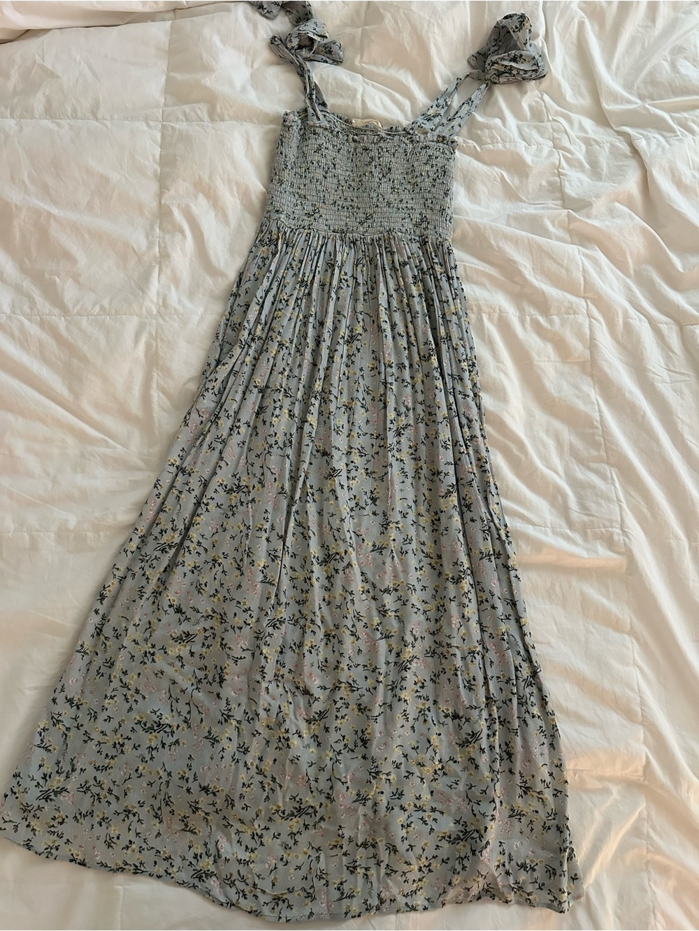 Smocked Floral Maxi Dress in Light Blue with Small Floral Print